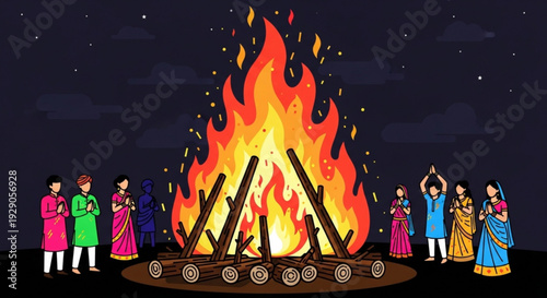People in traditional indian clothing gather around a large bonfire at night celebrating a cultural festival with vibrant flames and sparks under a starry sky