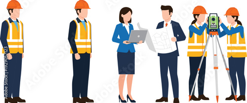 Construction Engineers and Surveyors Team with Safety Helmets Blueprint Laptop and Theodolite Isolated on White Background Professional Vector Illustration