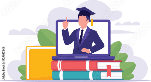 Graduate Student on Laptop Screen Atop a Stack of Books, Concept of Online Learning, Academic Achievement, E-Learning Success, and Digital Higher Education Vector Illustration