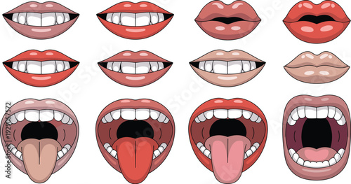 Human Mouth and Dental Anatomy Collection with Expressive Lip Positions, Concept of Oral Health, Speech Therapy, Orthodontic Care, and Diverse Communication Vector Illustration