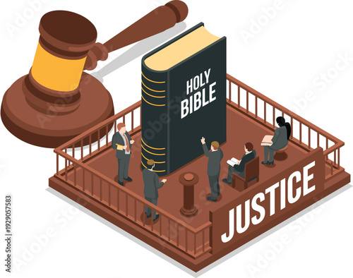 Isometric Courtroom Scene with Bible and Gavel, Concept of Legal Oaths, Faith-Based Ethics, Judicial Integrity, Truth-Telling, and Moral Accountability in Justice Vector Illustration