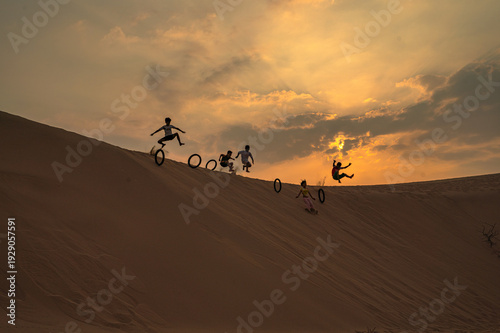 Life of Cham Women and Children on Nam Cuong Sand Dunes at Sunset, Ninh Thuan, Vietnam