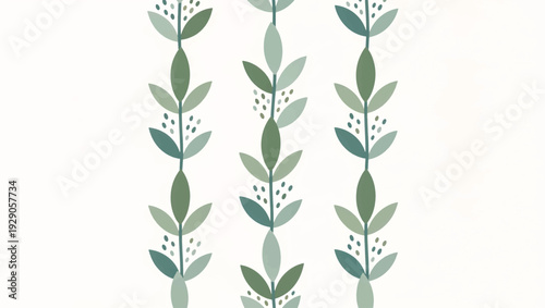 Vertical stylized plant stems with green leaves. Botanical flat design vector illustration. Decorative nature element for patterns and borders