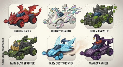 Fantasy-themed toy cars featuring dragons, unicorns, and magical creatures.