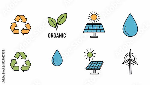 Ecology and renewable energy vector icon set. Recycling solar panel wind turbine and organic leaf symbols. Flat design filled outline illustration.
