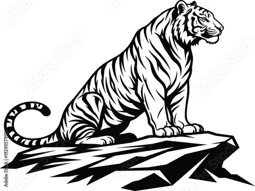 Wallpaper Mural Black and white woodcut illustration of a tiger sitting on a rock, hand drawn linocut style wild predator animal isolated, Torontodigital.ca