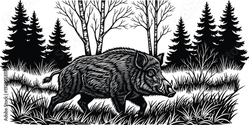 Black and white woodcut illustration of a wild boar in forest landscape, linocut style wildlife scene isolated on white background,