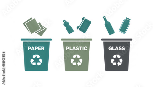 Recycling bins for waste sorting of paper plastic and glass. Flat textured vector illustration of garbage separation. Eco friendly management concept