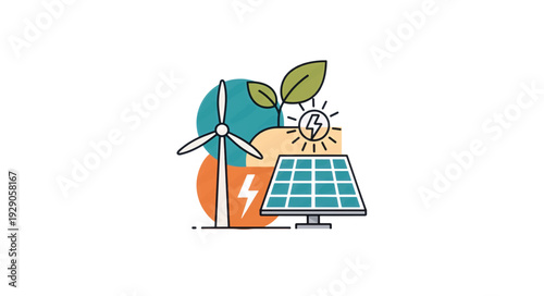 Sustainable energy sources and renewable power illustration. Wind turbine and solar panel vector design. Minimalist flat line art graphic isolated on white background