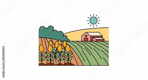 Sustainable agriculture and farming landscape. Flat design vector illustration of a rural farm with barn and crops. Minimalist nature concept isolated on white background