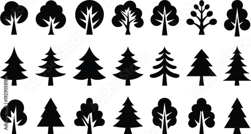 Minimal black tree icon set, forest silhouette symbols, nature vector collection, evergreen deciduous trees, flat design illustration pack