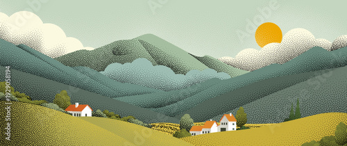 Fields rolling hills and mountains farm landscape background illustration with countryside mountains, sunrise sun, clouds and trees. Original rural background drawing in vintage pointillism dot style