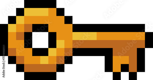 Pixel art gold gold key icon in retro 8 bit style. Classic RPG quest item for unlocking doors, treasure chests and secret levels. Arcade video game asset isolated for UI fantasy mobile game design