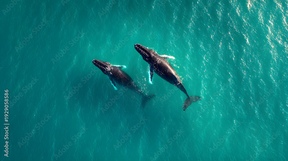 Obraz premium Two whales swimming in blue ocean