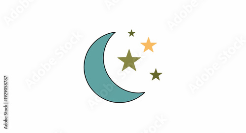 Crescent moon and stars icon. Night sky and sleep concept. Flat design vector illustration