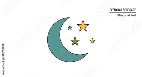 Everyday self-care sleep and rest vector illustration. Minimalist moon and stars graphic with text. Wellness and health concept design isolated on white background