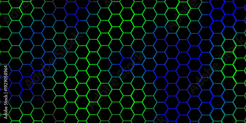 Dark technology hexagonal vector abstract background. Green bright energy flashes under hexagon in dark technology futuristic modern background vector illustration. Gray honeycomb texture grid.