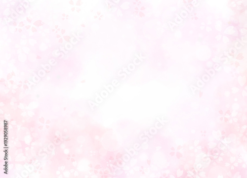 桜と光の粒の水彩背景、幻想的なピンクのフレーム、白背景とコピースペース　Cherry blossom and bokeh light watercolor background, dreamy pink frame, white background with copy space.