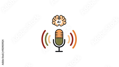 AI voice recognition and podcasting concept. Flat design vector illustration of a microphone with brain icon and sound waves. Smart audio technology graphic isolated on white background