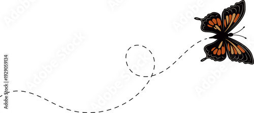 Butterfly flying path. A Butterfly flying in a dotted line. The flight path of Butterfly. Butterfly flying on a dotted route. Hand drawn moth. Spring and summer Vector illustration.
