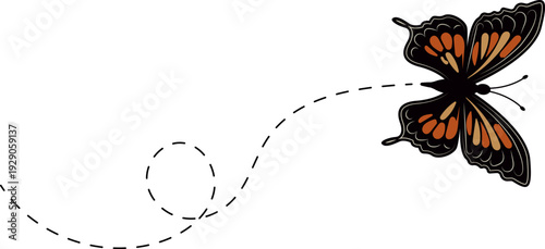 Butterfly flying path. A Butterfly flying in a dotted line. The flight path of Butterfly. Butterfly flying on a dotted route. Hand drawn moth. Spring and summer Vector illustration.