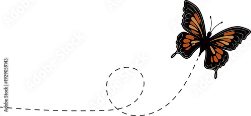 Butterfly flying path. A Butterfly flying in a dotted line. The flight path of Butterfly. Butterfly flying on a dotted route. Hand drawn moth. Spring and summer Vector illustration.