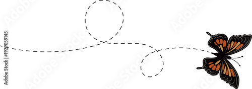 Butterfly flying path. A Butterfly flying in a dotted line. The flight path of Butterfly. Butterfly flying on a dotted route. Hand drawn moth. Spring and summer Vector illustration.