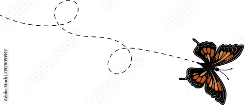 Butterfly flying path. A Butterfly flying in a dotted line. The flight path of Butterfly. Butterfly flying on a dotted route. Hand drawn moth. Spring and summer Vector illustration.