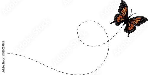 Butterfly flying path. A Butterfly flying in a dotted line. The flight path of Butterfly. Butterfly flying on a dotted route. Hand drawn moth. Spring and summer Vector illustration.