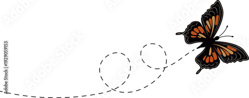 Butterfly flying path. A Butterfly flying in a dotted line. The flight path of Butterfly. Butterfly flying on a dotted route. Hand drawn moth. Spring and summer Vector illustration.