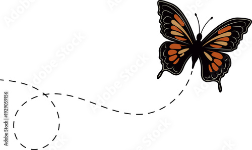 Butterfly flying path. A Butterfly flying in a dotted line. The flight path of Butterfly. Butterfly flying on a dotted route. Hand drawn moth. Spring and summer Vector illustration.