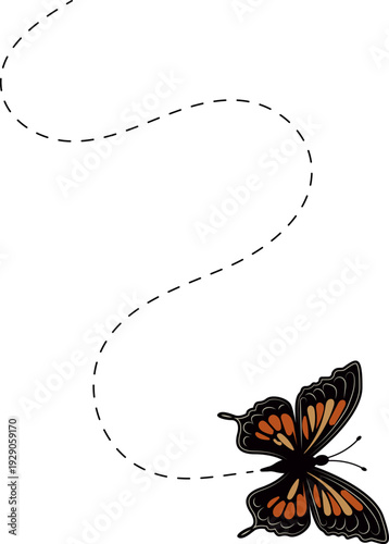 Butterfly flying path. A Butterfly flying in a dotted line. The flight path of Butterfly. Butterfly flying on a dotted route. Hand drawn moth. Spring and summer Vector illustration.