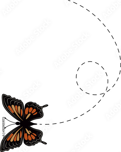 Butterfly flying path. A Butterfly flying in a dotted line. The flight path of Butterfly. Butterfly flying on a dotted route. Hand drawn moth. Spring and summer Vector illustration.