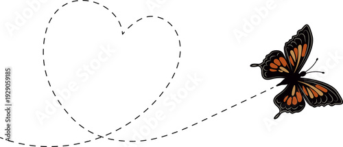 Butterfly flying path. A Butterfly flying in a dotted line. The flight path of Butterfly. Butterfly flying on a dotted route. Hand drawn moth. Spring and summer Vector illustration.