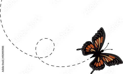 Butterfly flying path. A Butterfly flying in a dotted line. The flight path of Butterfly. Butterfly flying on a dotted route. Hand drawn moth. Spring and summer Vector illustration.