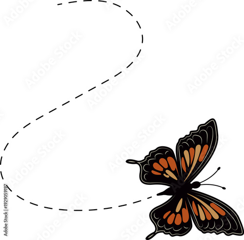 Butterfly flying path. A Butterfly flying in a dotted line. The flight path of Butterfly. Butterfly flying on a dotted route. Hand drawn moth. Spring and summer Vector illustration.