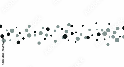 Abstract horizontal dot pattern vector illustration. Scattered black and gray circles forming a central band. Minimalist geometric design isolated on white background