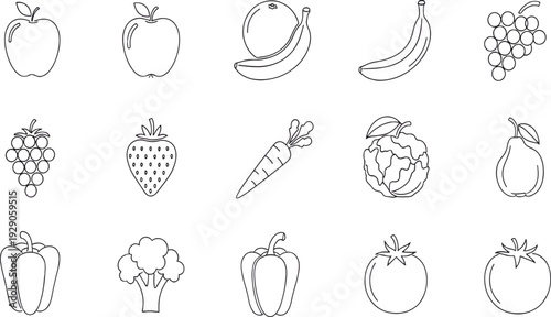 Print Minimalist Organic Fruits and Vegetables Line Icon Set Featuring Fresh Apples Bananas Berries and Garden Produce