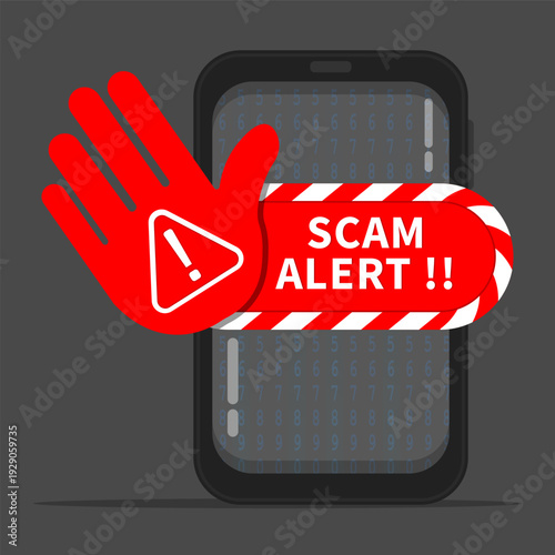 Smartphone with scam alert warning and stop hand sign, symbolizing mobile fraud prevention, phishing attack risk and online cybersecurity protection