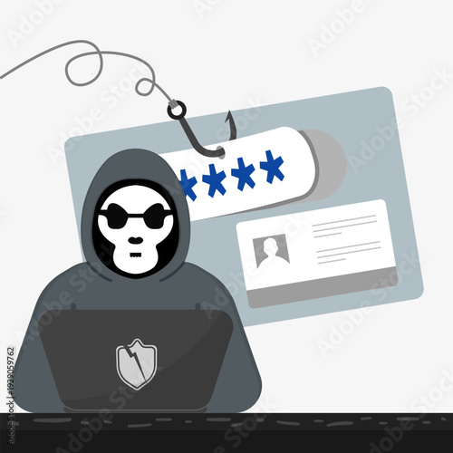 Phishing attack concept with hacker stealing password and personal data, representing cybercrime, identity theft, online fraud, and digital security risk