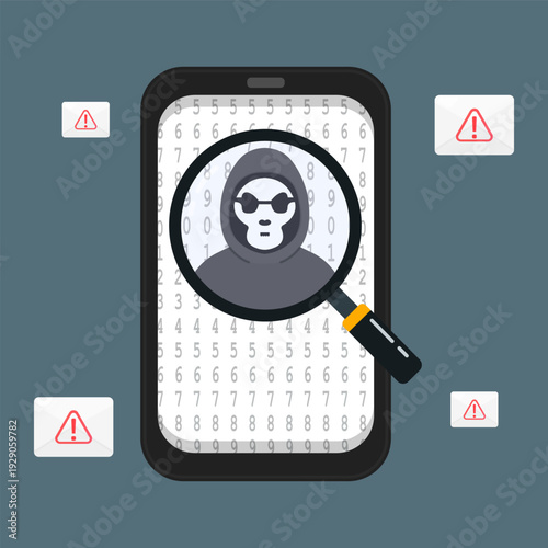 Smartphone with hacker under magnifier and warning emails, symbolizing phishing attack, mobile cybercrime, data breach and online security threat