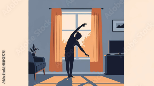 Woman stretching in silhouette by a window. Morning yoga and home workout concept. Flat design vector illustration