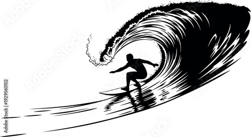 Surfer riding a wave in silhouette