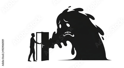 silhouette of a man opening a door as a large sad-faced blob figure emerges from the dark