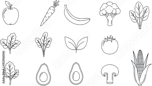 Print Minimalist Fresh Organic Produce and Garden Harvest Icon Set Featuring Leafy Greens Fruits Vegetables and Healthy Eating Symbols