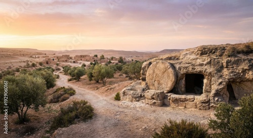 Ancient rock-cut tomb with a large stone rolled away, revealing a dark entrance in a vast desert landscape with a distant village under a dramatic sunset sky