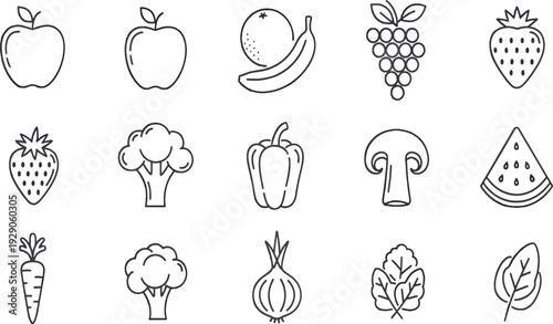 Print Minimalist Fresh Fruits and Vegetables Line Icon Set Featuring Organic Produce Like Bananas Grapes Watermelon and Garden Greens