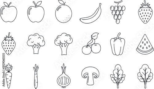 Print Minimalist Fresh Fruits and Vegetables Line Icon Set Featuring Organic Produce Like Bananas Grapes Garden Greens and Mushrooms