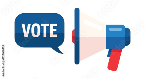 A blue and red illustration featuring a speech bubble and megaphone with vote