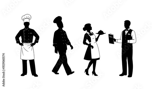 Restaurant Staff Silhouettes Set – Chef, Waiter and Waitress Black Vector Icons